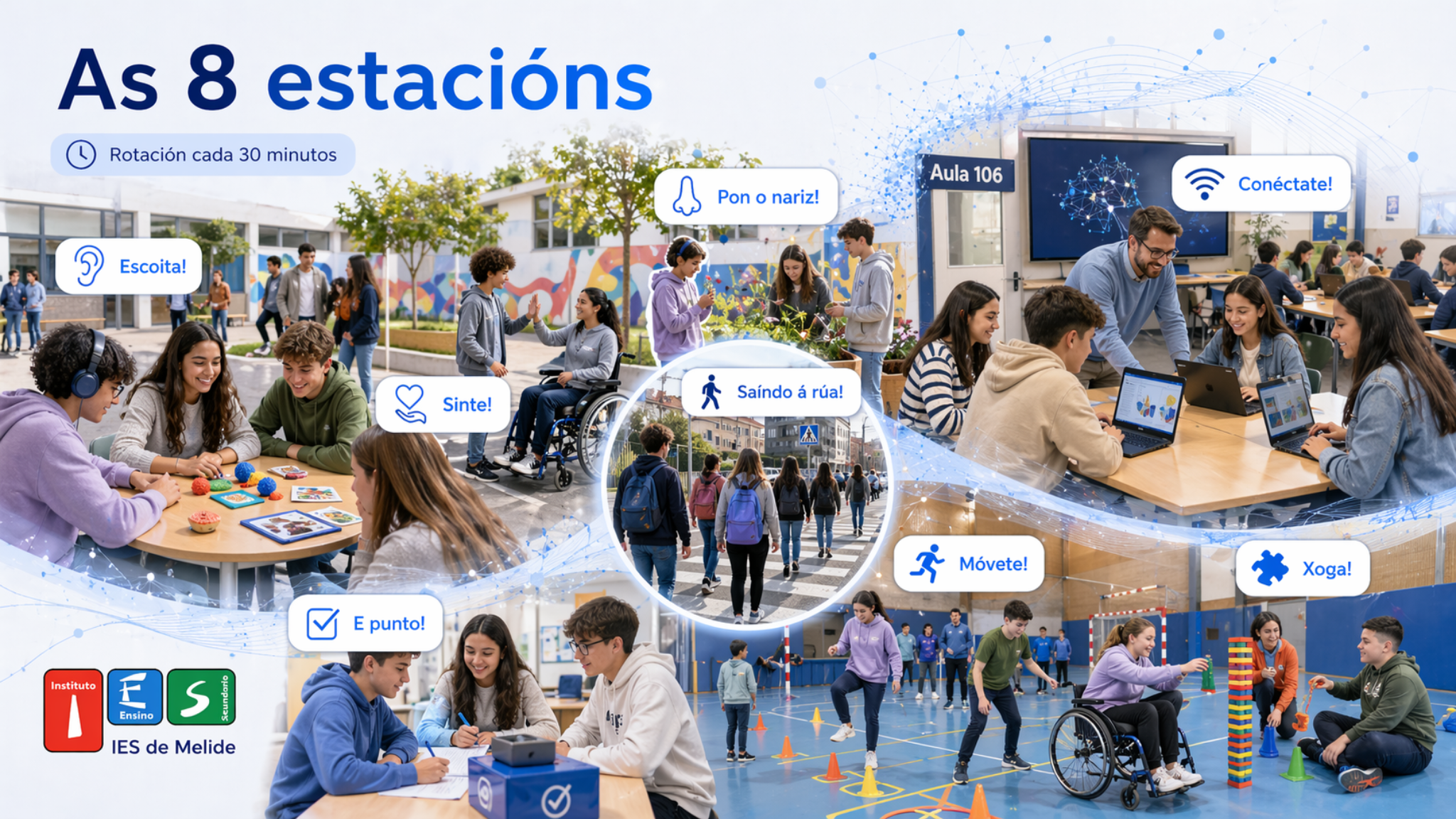 Resumo visual das 8 estacións da xornada